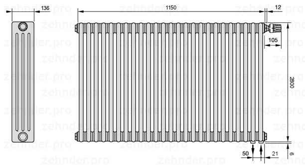 Схема (чертеж) Радиатор Zehnder Charleston 4280/25 №V002 Белый глянцевый RAL 9016